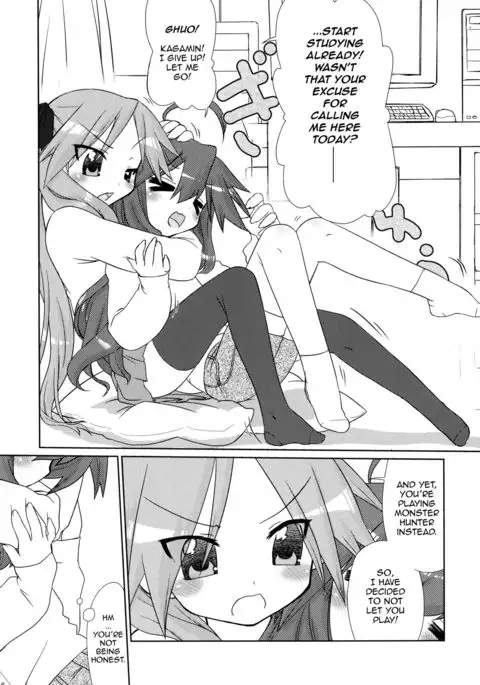 Ijiwaru Kagami. Ijirare Konata. | Meanie Kagami. Teased Konata.